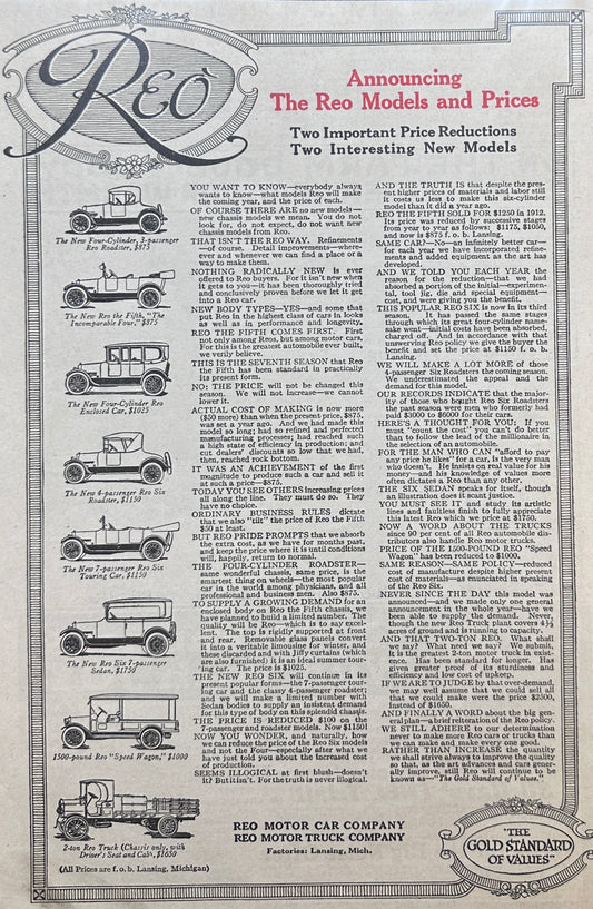 1916 REO Models and Pricing Magazine Ad #A292