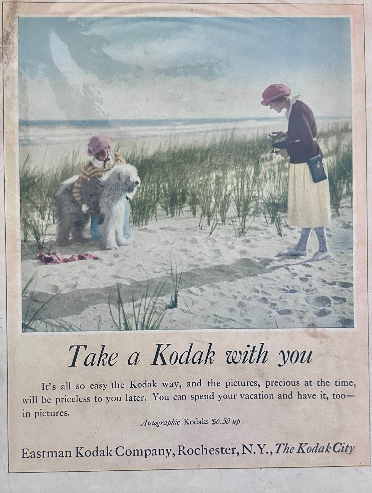1922 Original Autographic Kodak Real Photo Ad Sheepdog on the Beach Ad #2446