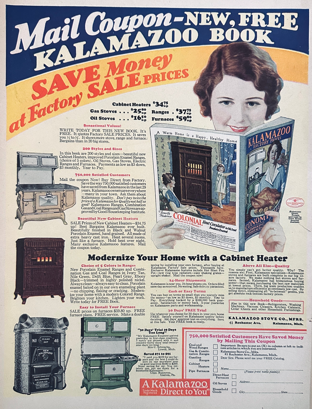 1929 Kalamazoo Ranges, Cabinet Heaters  And  Spear Furniture Ad #2451