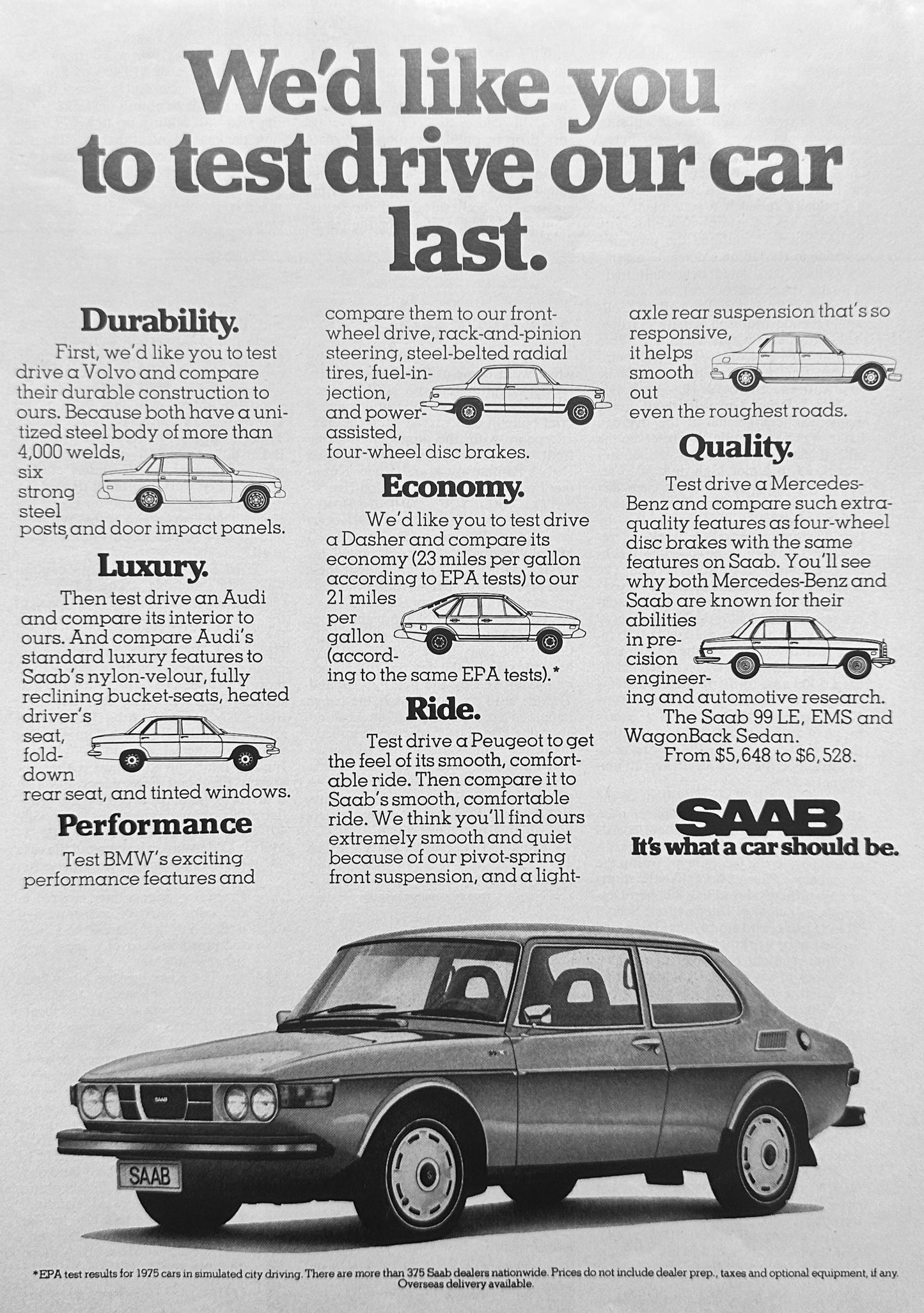 1975 SAAB 99LE - Magazine Ad - Test Drive our Car Last