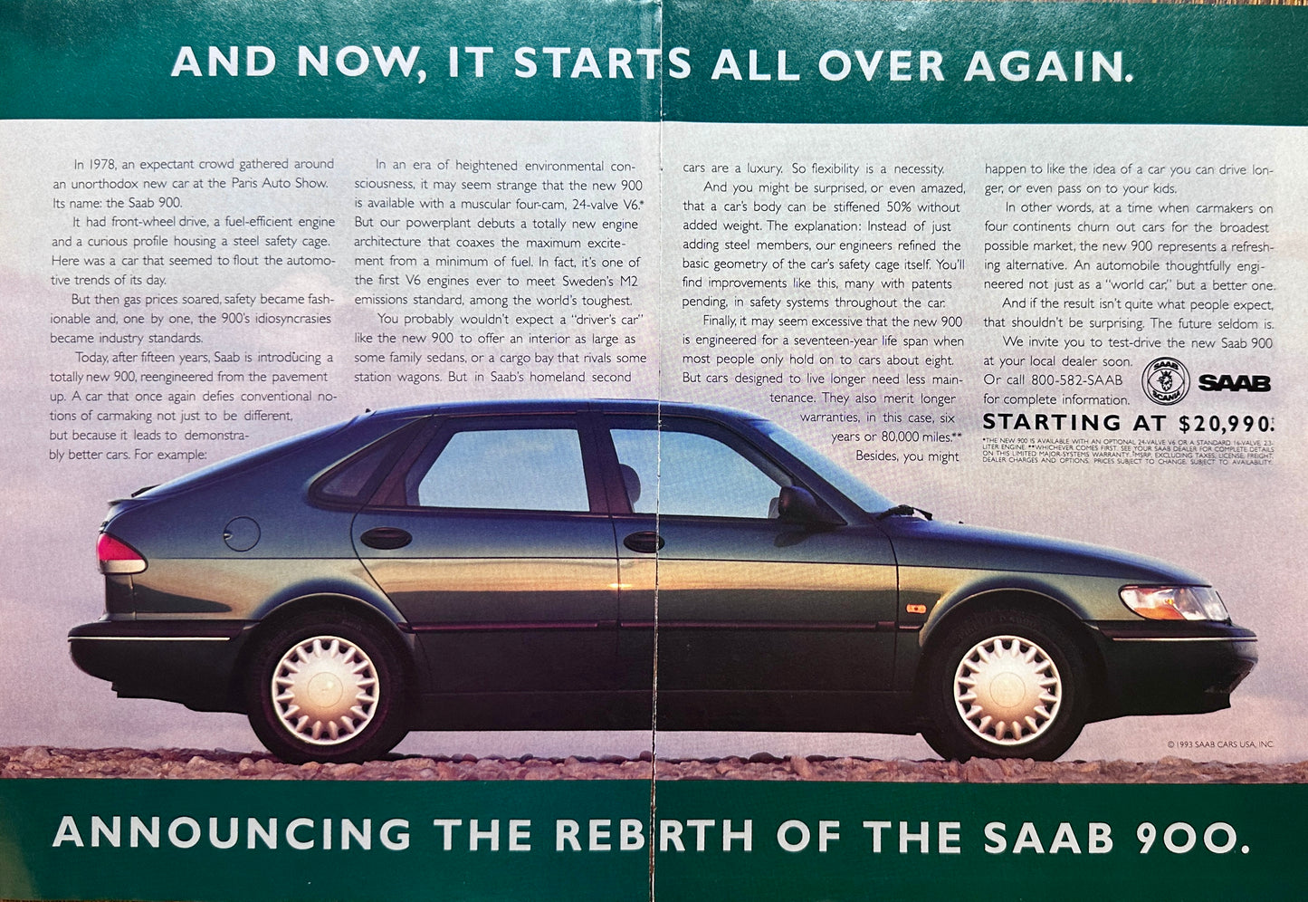 1993 4-Page Magazine Spread - SAAB 900 Rebirth - Dark Green Sedan