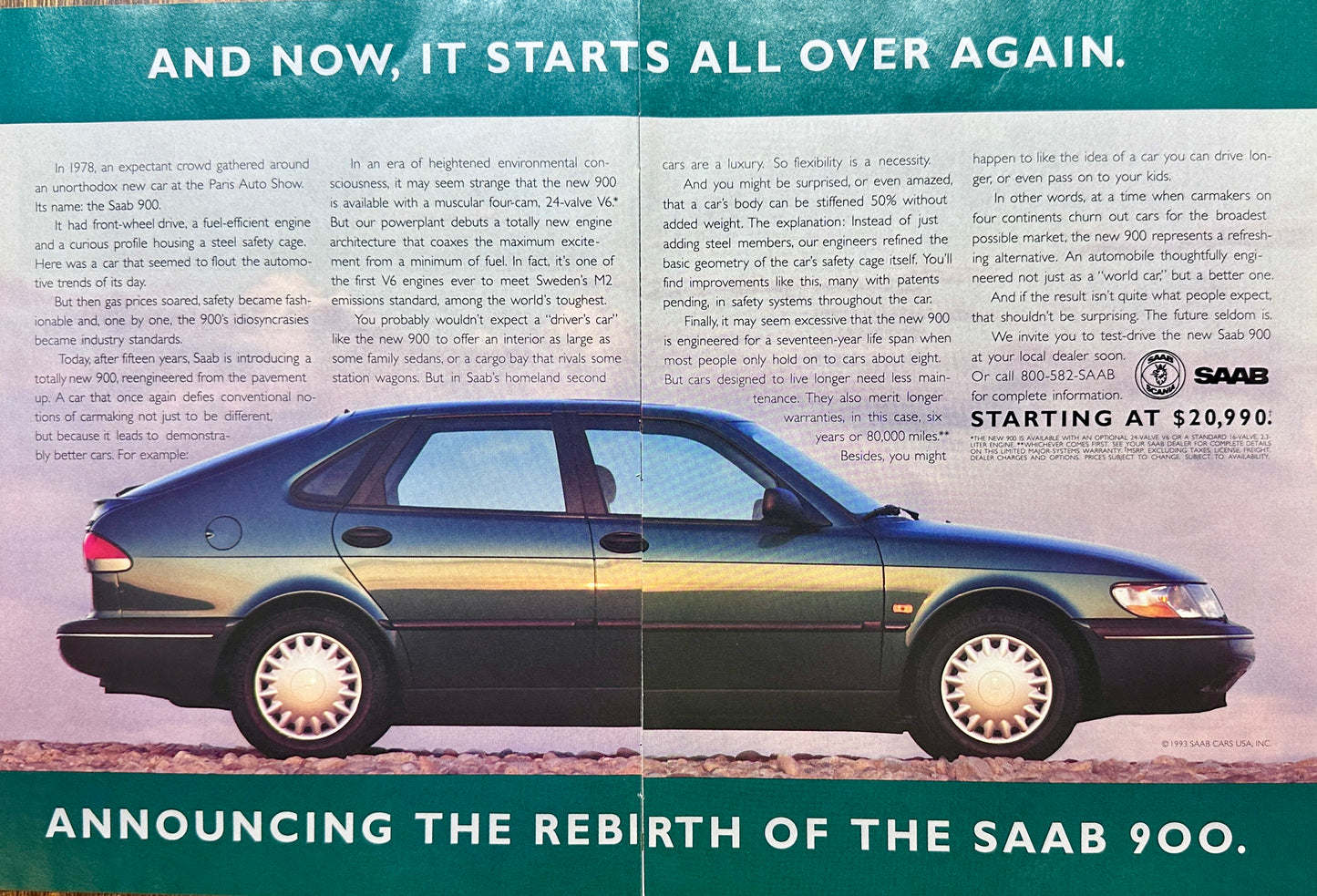 1993 2-Page Green SAAB 900 Sedan - Rebirth of a Model