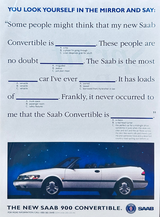 1994 White SAAB 900 Convertible Magazine Ad - Fill in the Blanks