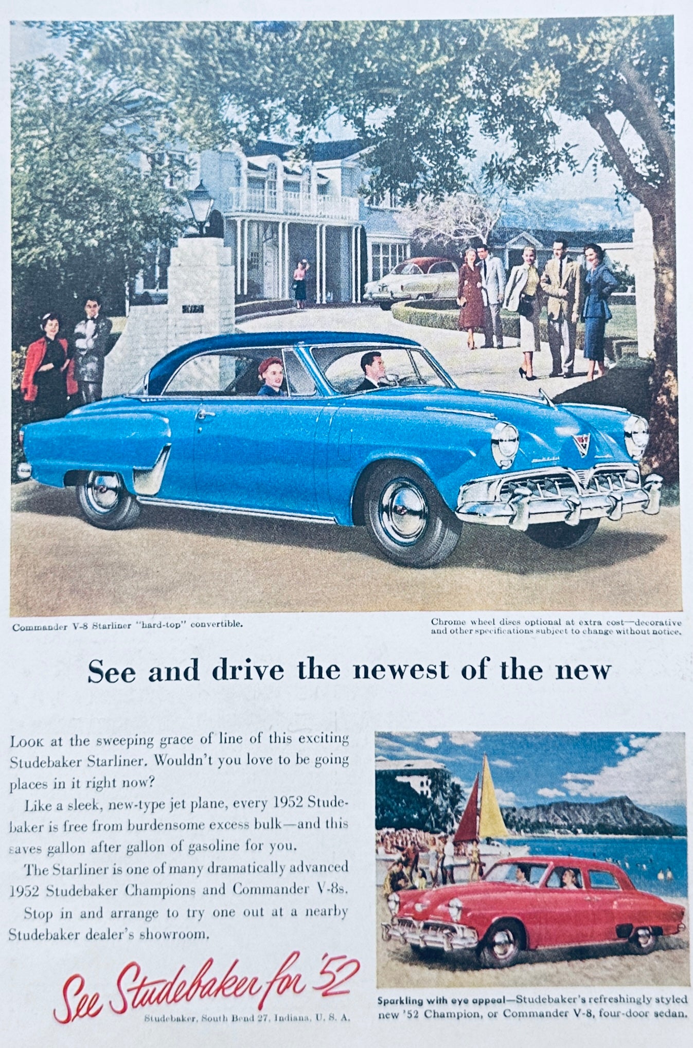 1952 Studebaker Commander Starliner "hard-top" in blue magazine ad