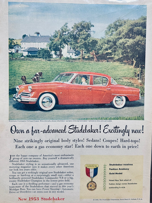 1953 Studebaker Commander Red 4-Door - Pasture in Background - Vintage Ad