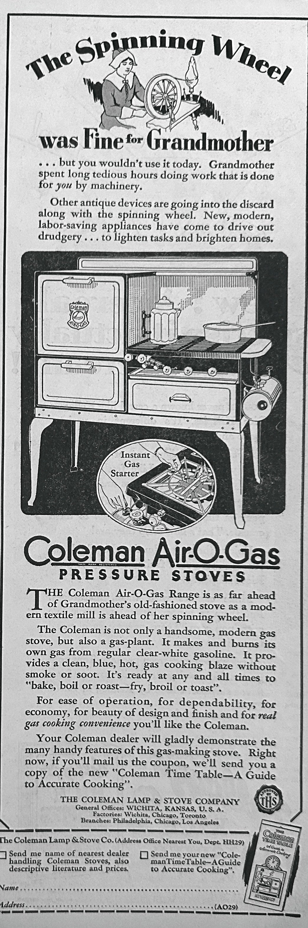 1929 Coleman Air-O-Gas Pressure Stoves Spinning Wheel Ad #2486
