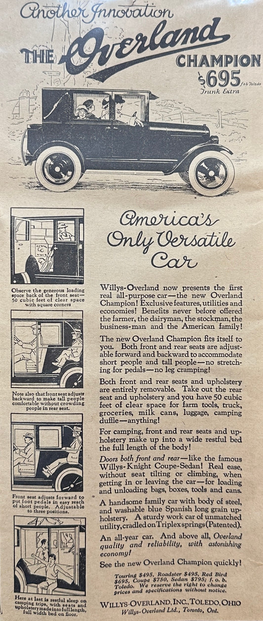 1923 - Another Innovation - The Overland Champion $695 Magazine Ad #A321-1-2