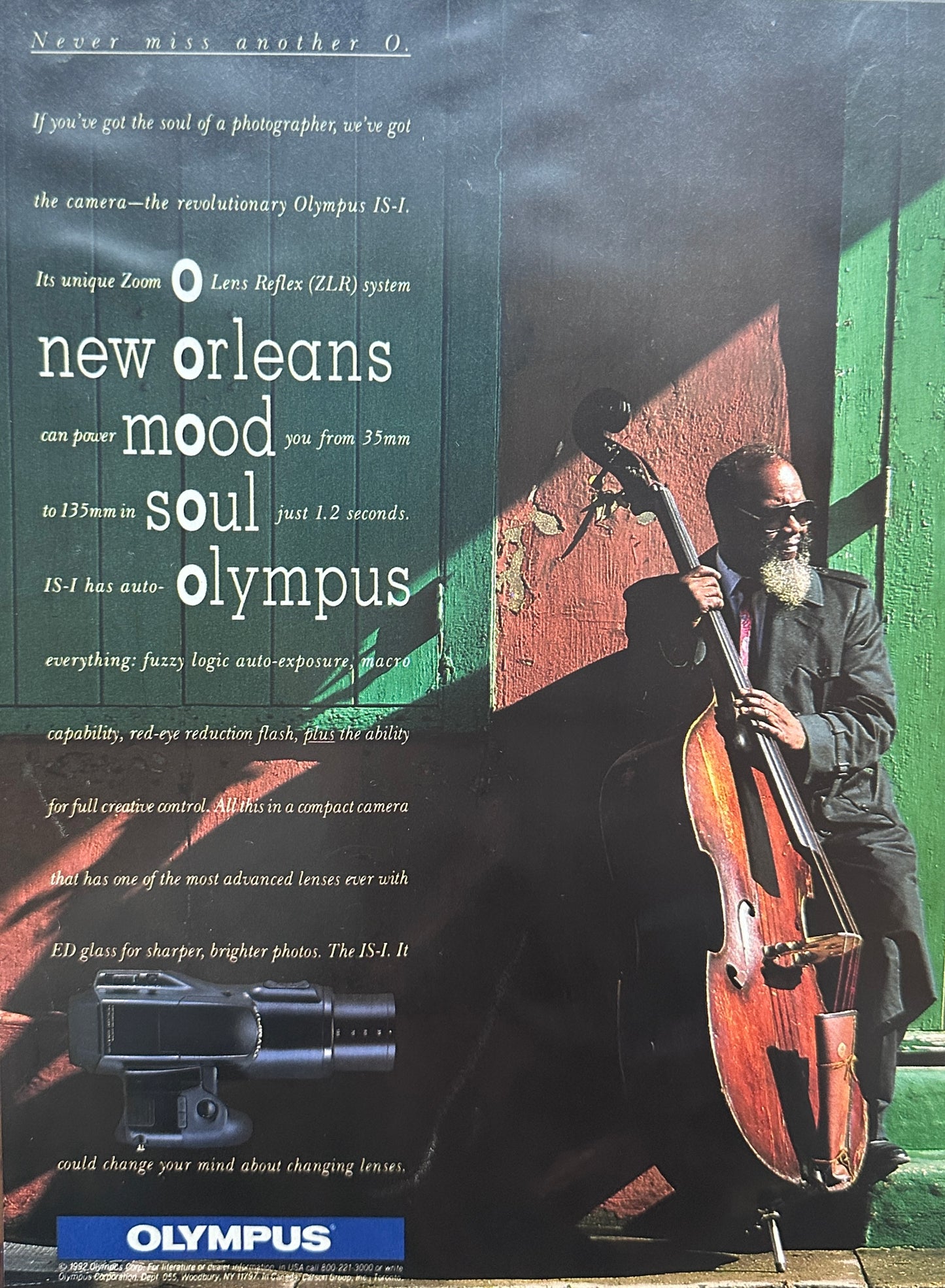 1992 Olympus IS-I ZLR Camera - New Orleans Musician - Magazine Ad