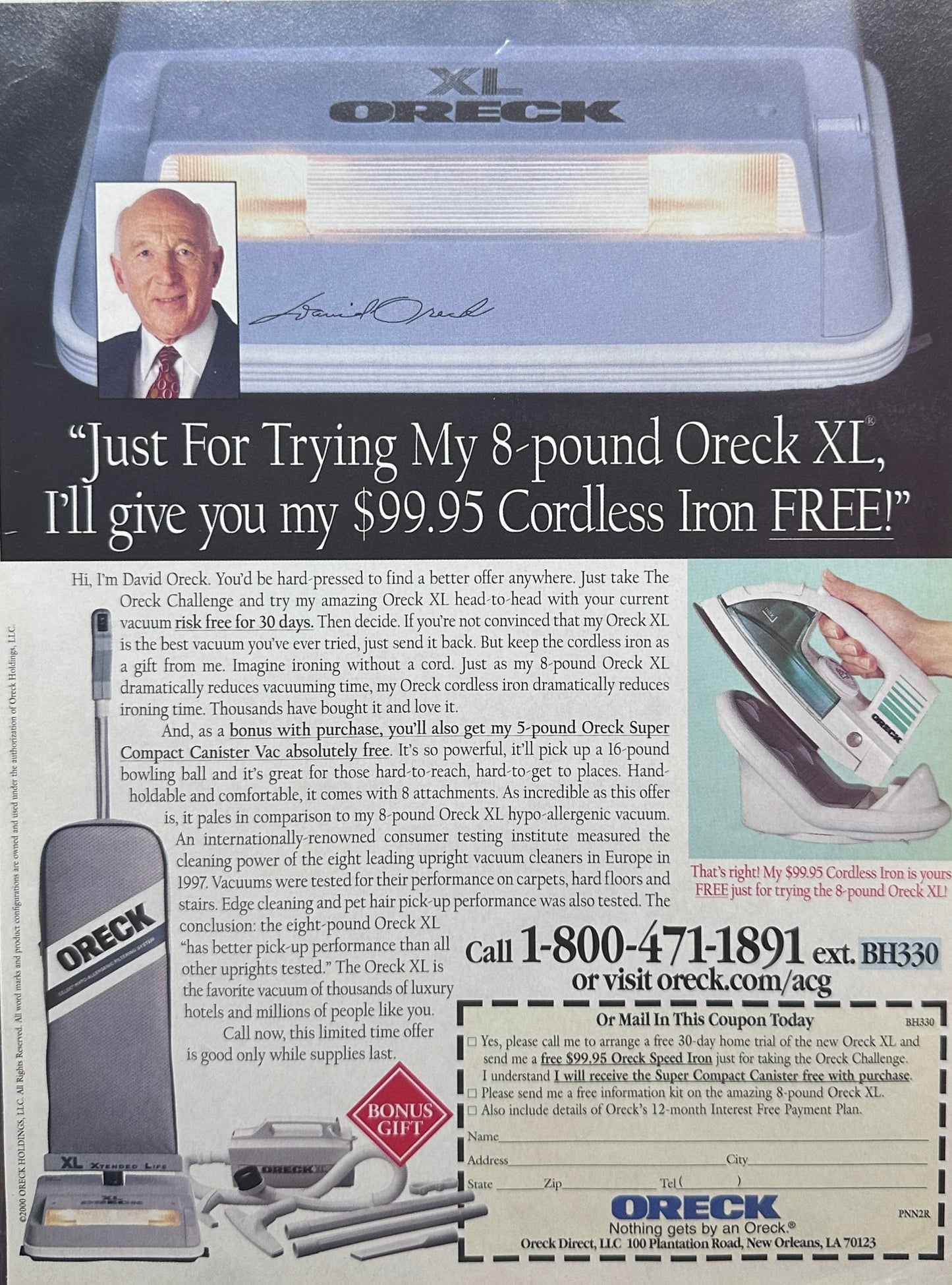 2001 Oreck XL Vacuum Cleaner Promotional Ad + Get Free Cordless Iron