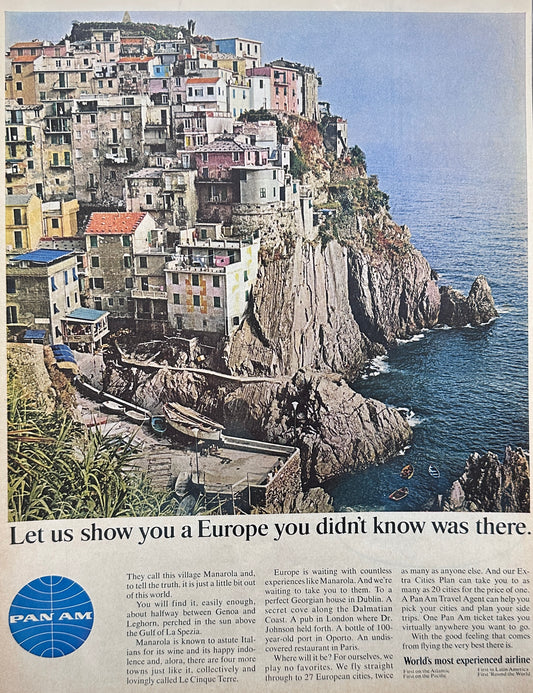 1966 - Pan Am - Manarola, Italy - Flights to 27 European cities - Vintage Ad