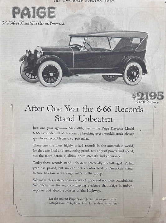 1922 Paige Daytona Model 6-66 Vintage Magazine Ad -#557