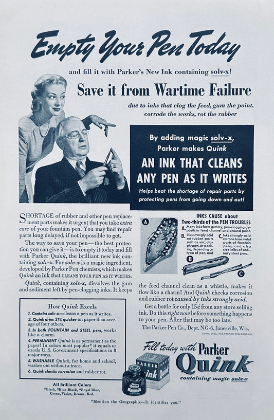 1942 Quink From Parker - Ink That Cleans Any Pen as it Writes - Vintage Ad