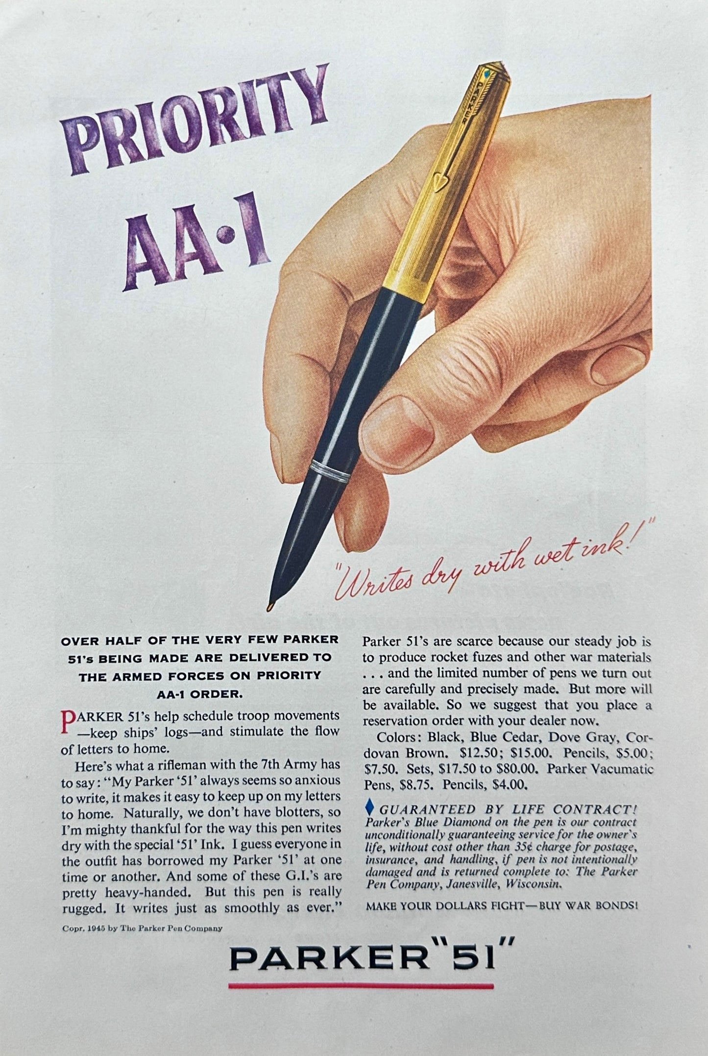 1945 Parker “51” Ink Pen  Priority AA.1  Magazine Ad