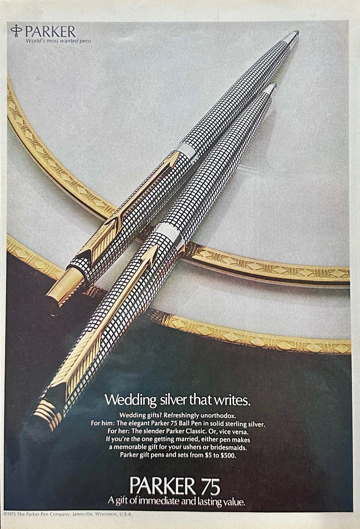 1975 Parker 75 - Wedding Silver that Writes - Vintage Ad