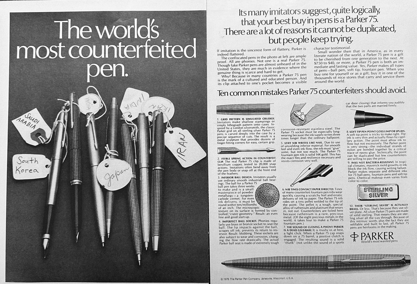 1976 Parker 75 - The most counterfeited pen in the world - 2-page Vintage Ad