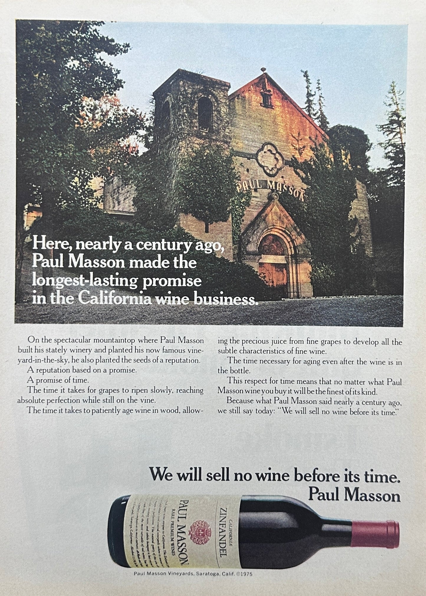 1975 Paul Masson - Red Wine - No Wine Before Its Time -Vintage Ad