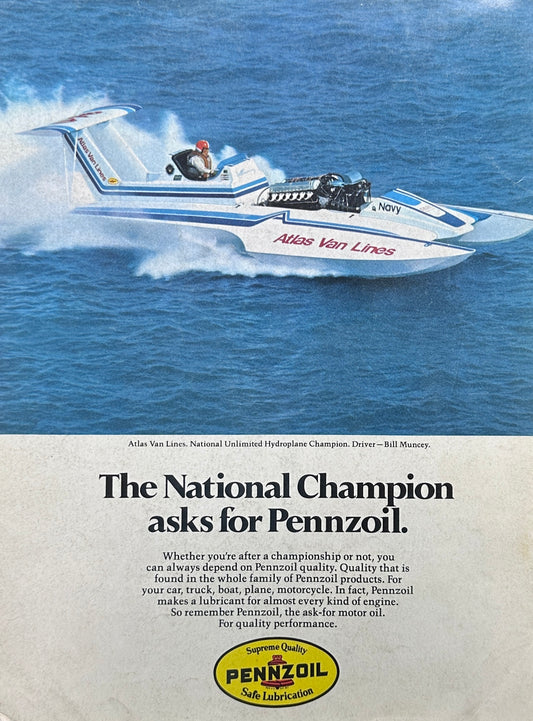 1977 Pennzoil - Atlas Van Lines Hydroplane Sriver Recommends - Vintage Ad