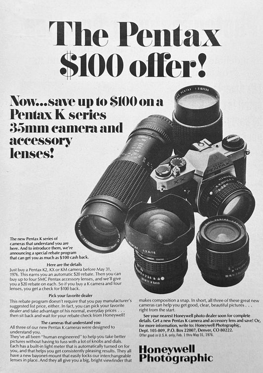 1976 Pentax K Series 35mm Camera - $100 Offer - Vintage Ad