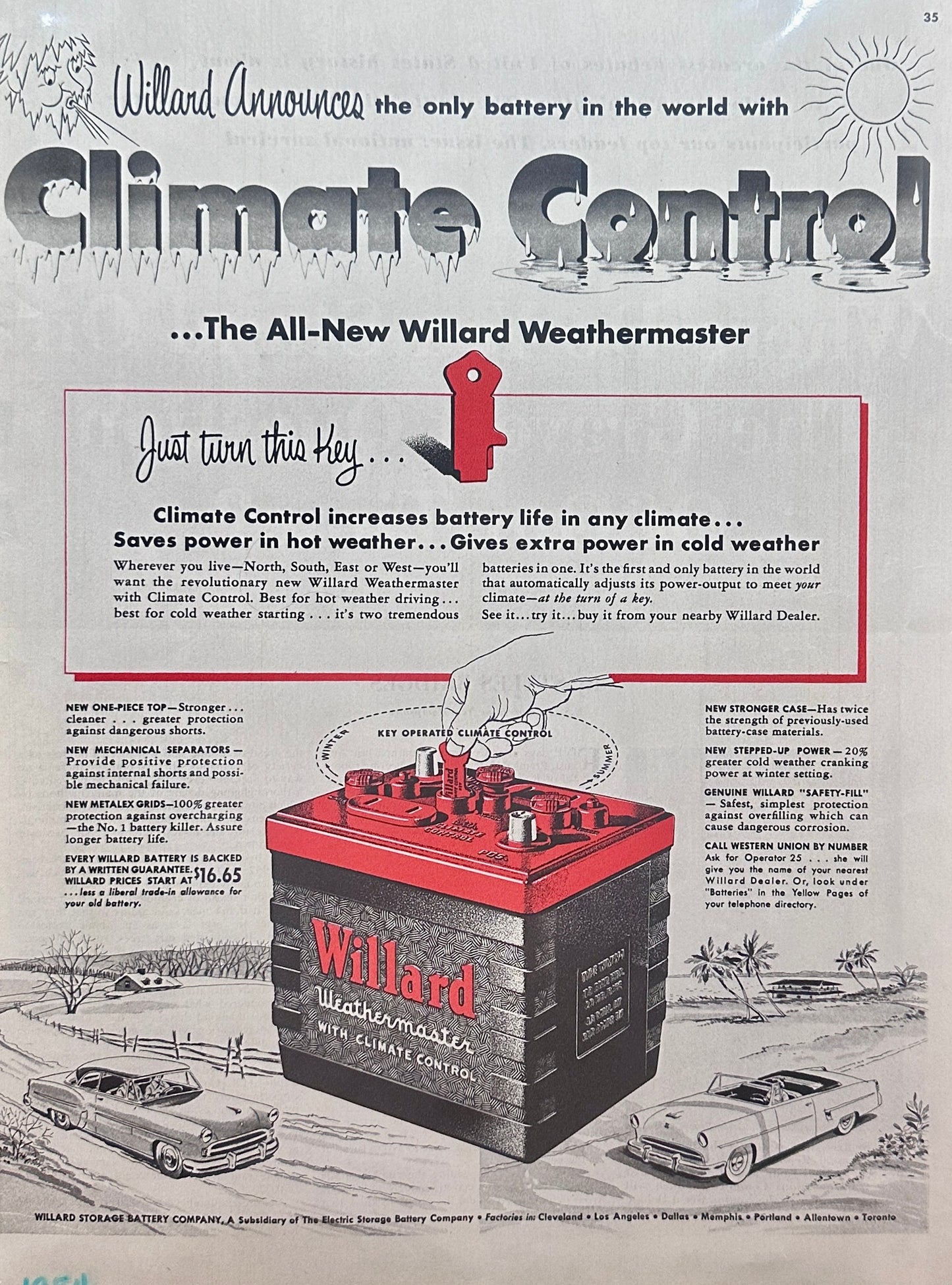 1954 Willard Weathermaster Automotivve Battery - Vintage Ad