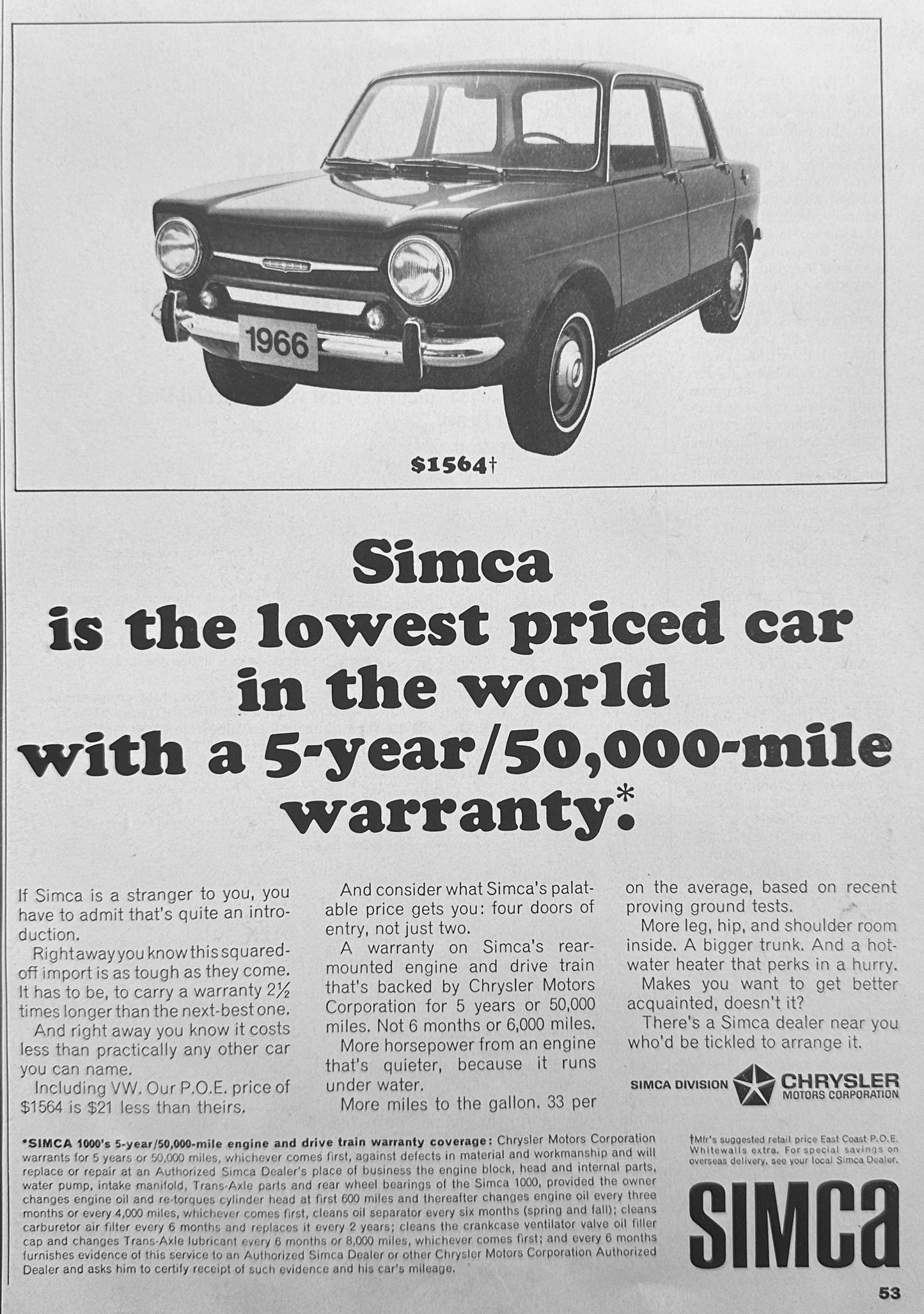 1966 Chrysler Simca - Worlds Lowest Priced Car With 5-yr/50K Warranty Ad