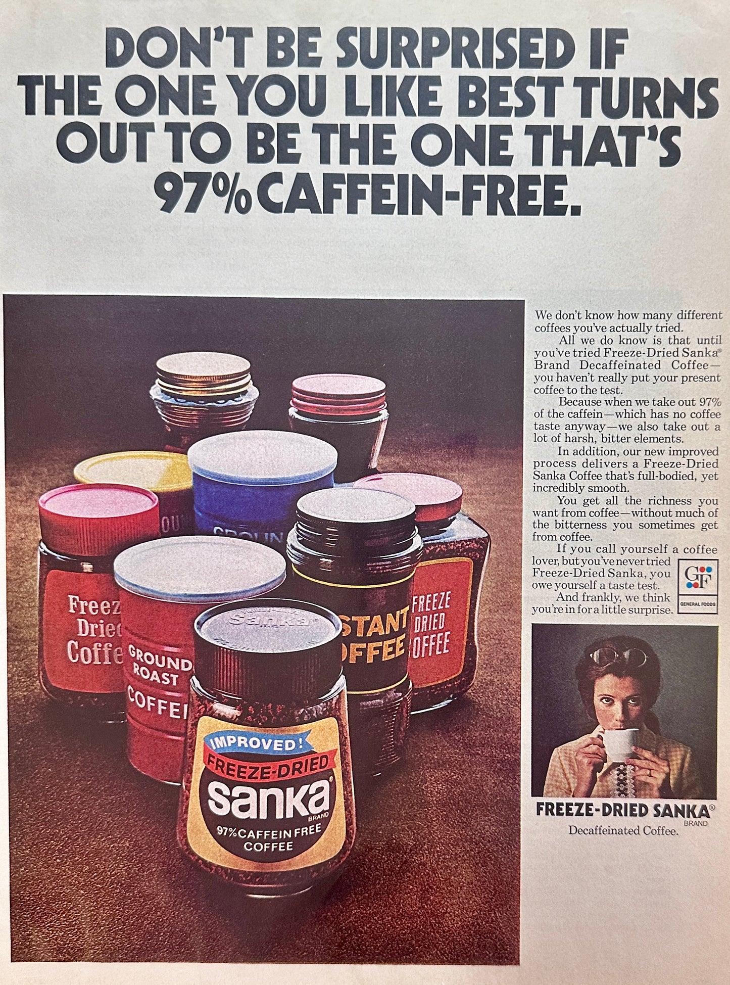 1972 Freeze-Dried Sanka Instant Coffee 97% Caffiene Free Magazine Ad