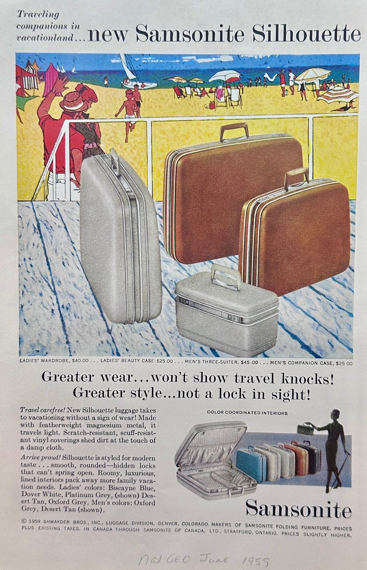 1951 Samsonite Silhouette Luggage & Hamilton Waterproof Watch Vintage Ad