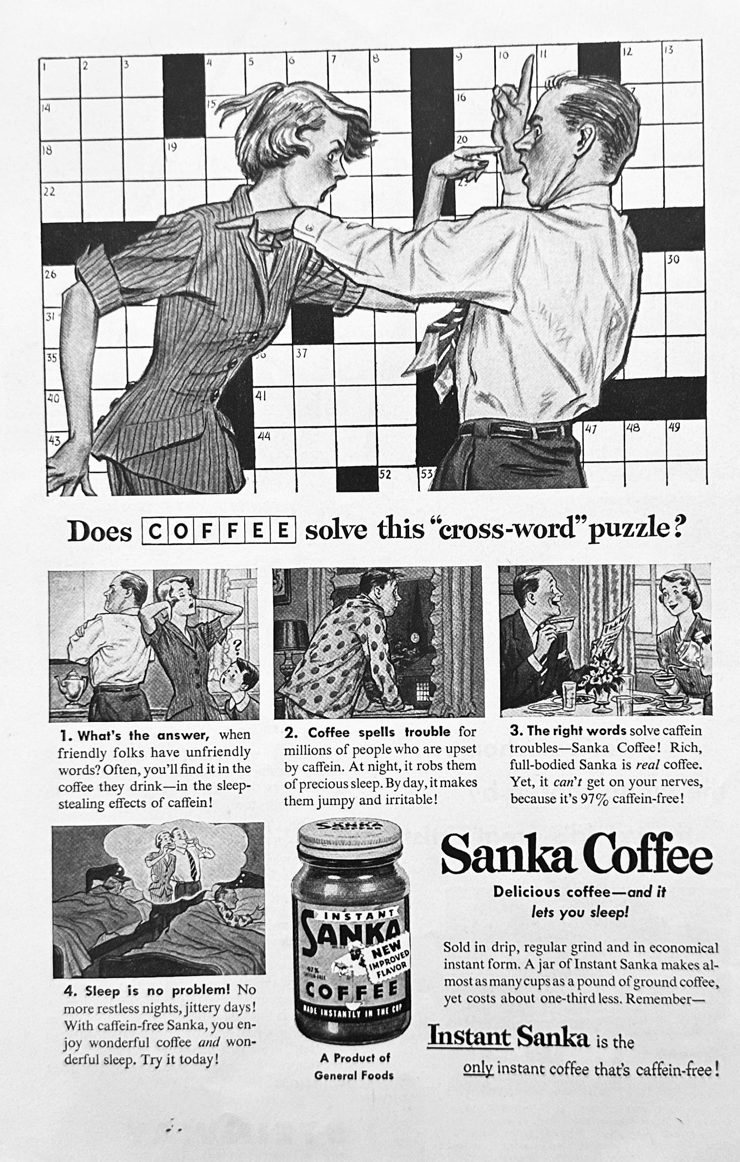 1951 Instant Sanka Coffee in a jar - Solve this Crossword Puzzle - Vintage Ad