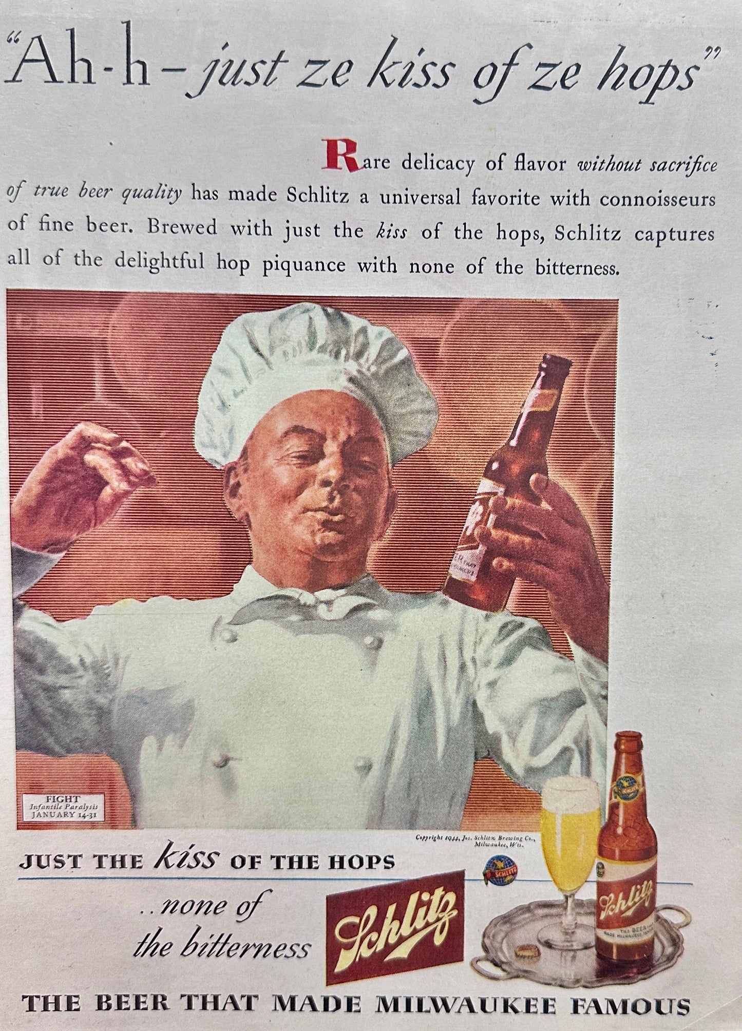 1944 Schlitz Beer, & Union Carbide Plastics Are the Future - Magazine Ad