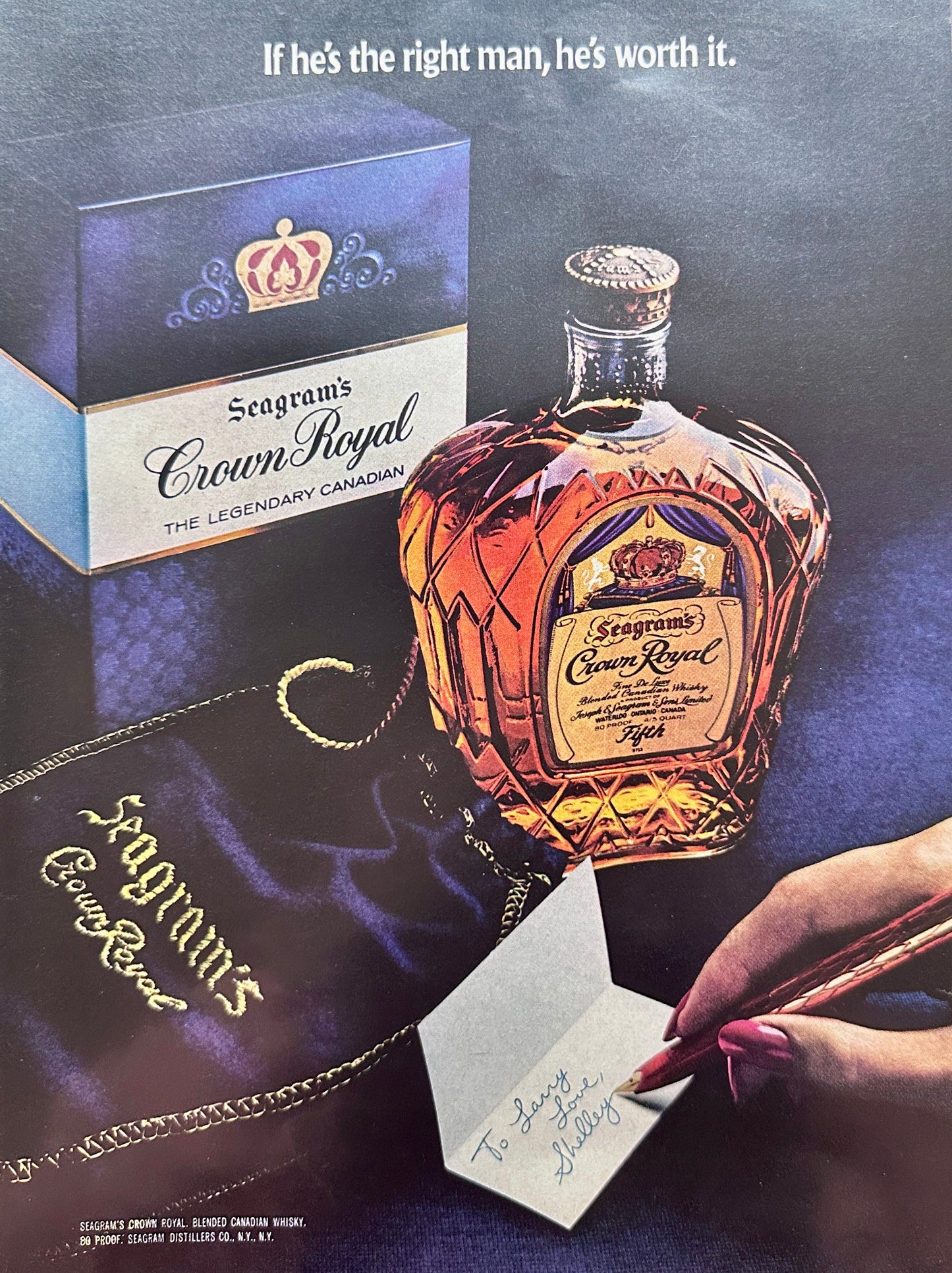 1975 Seagrams' Crown Royal Canadian Whiskey - To Larry Love Shelly Vintage Ad