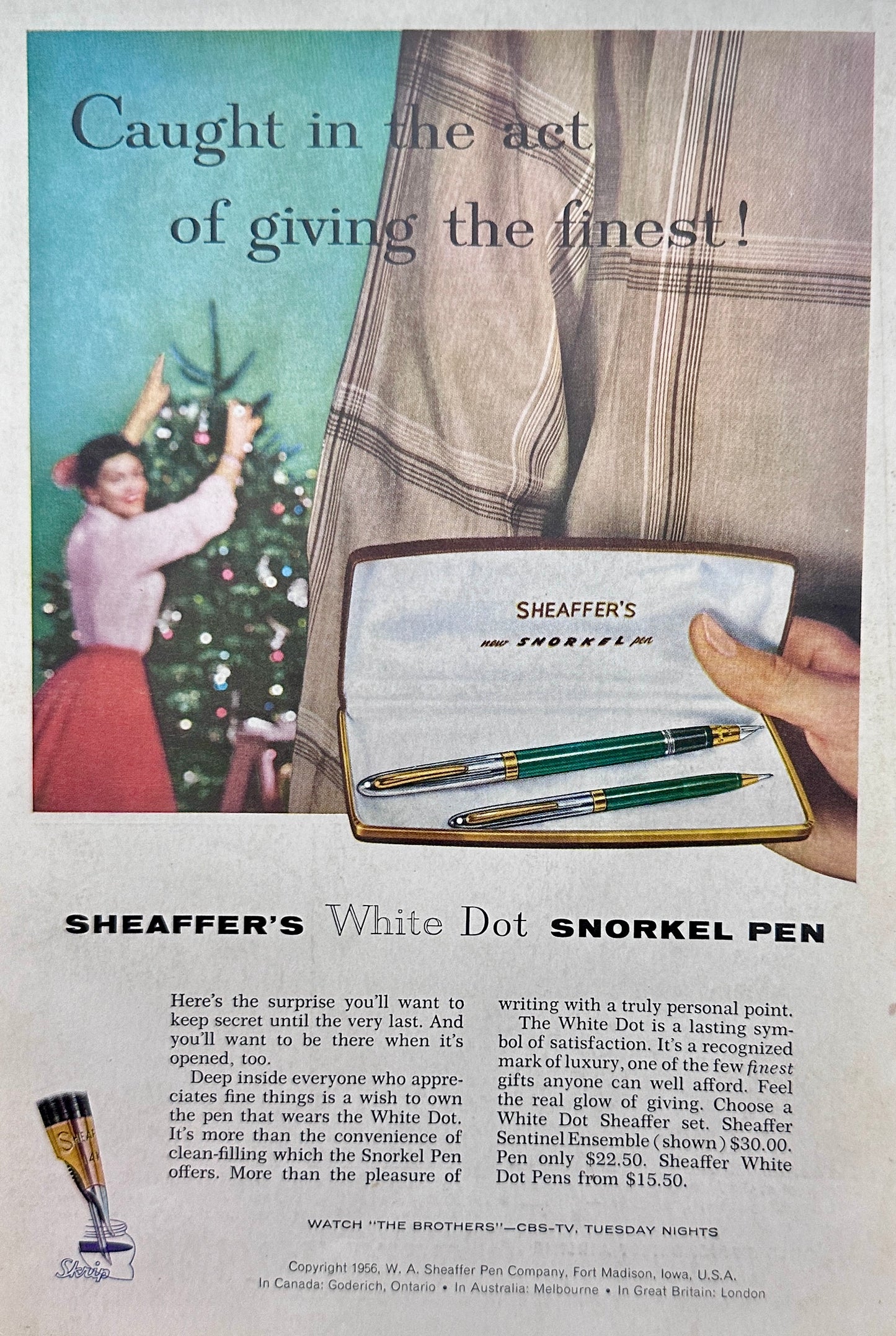 1956 Sheaffer Snorkel Pen Set - Panagra South America Vacations - Ad