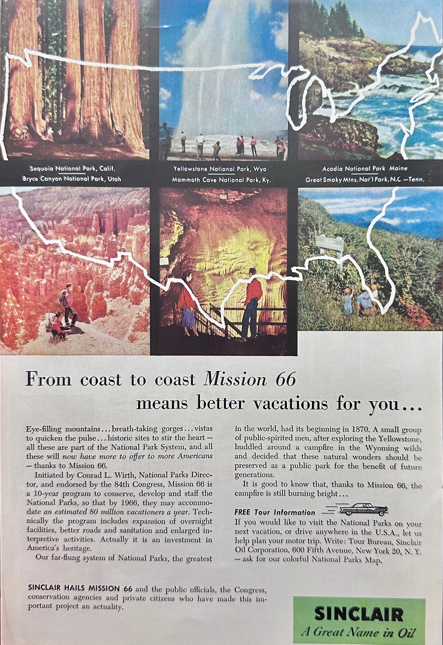 1956  Sinclair Hails Mission 66 - Conserve, Develop and Staff the National Parks