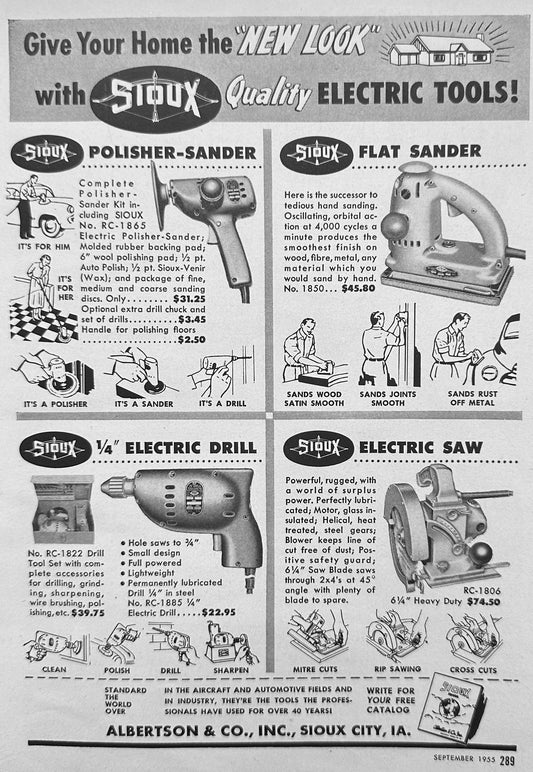 1955 Sioux Electric Power Tools - Sanders - Drill - Saw & Jacobs Chucks Vintage Ad