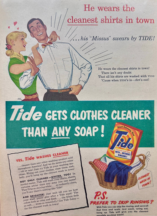 1951 Tide Laundry - Cleanest Shirts in Town - Magazine Ad