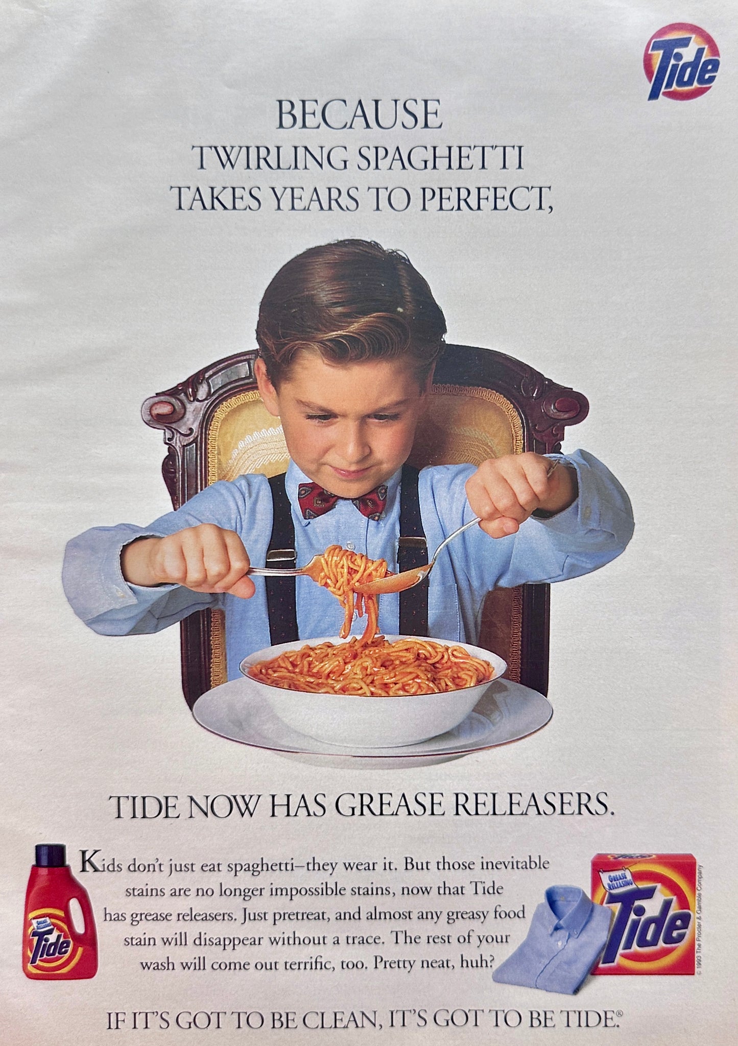 1993 Tide Now With Grease Releasers - Boy With Spaghetti - Vintage Ad