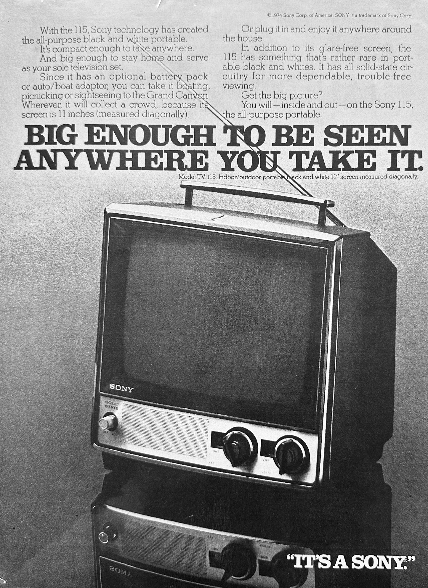 1974 Sony All-Purpose Portable 115 Television Set - Vintage Ad