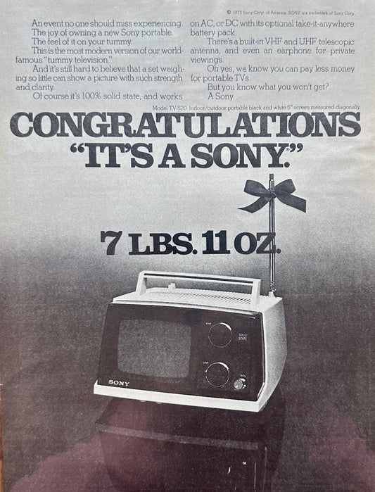 1976 Sony Portable Black & White 7lbs 11oz Television Set Vintage Ad