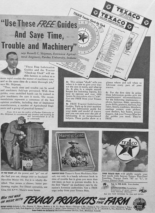 1944 Texaco Products for the Farm Magazine Ad