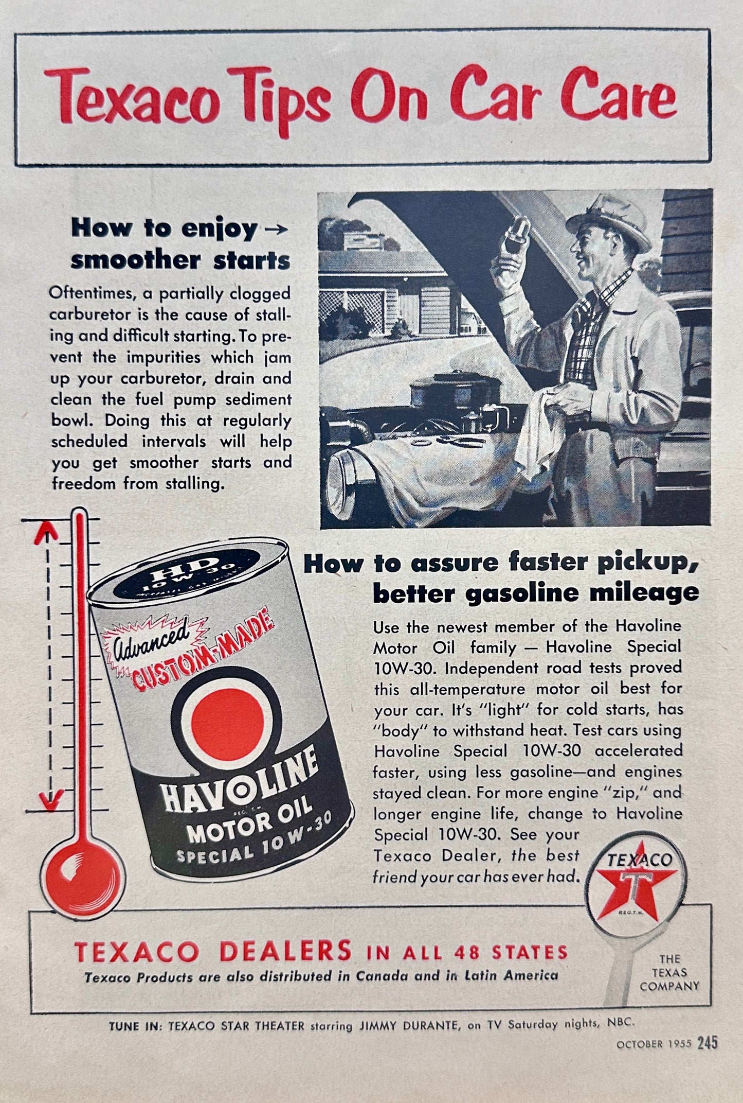 1955 Havoline Motor Oil By Texaco - Tips On Car Care - Vintage Ad