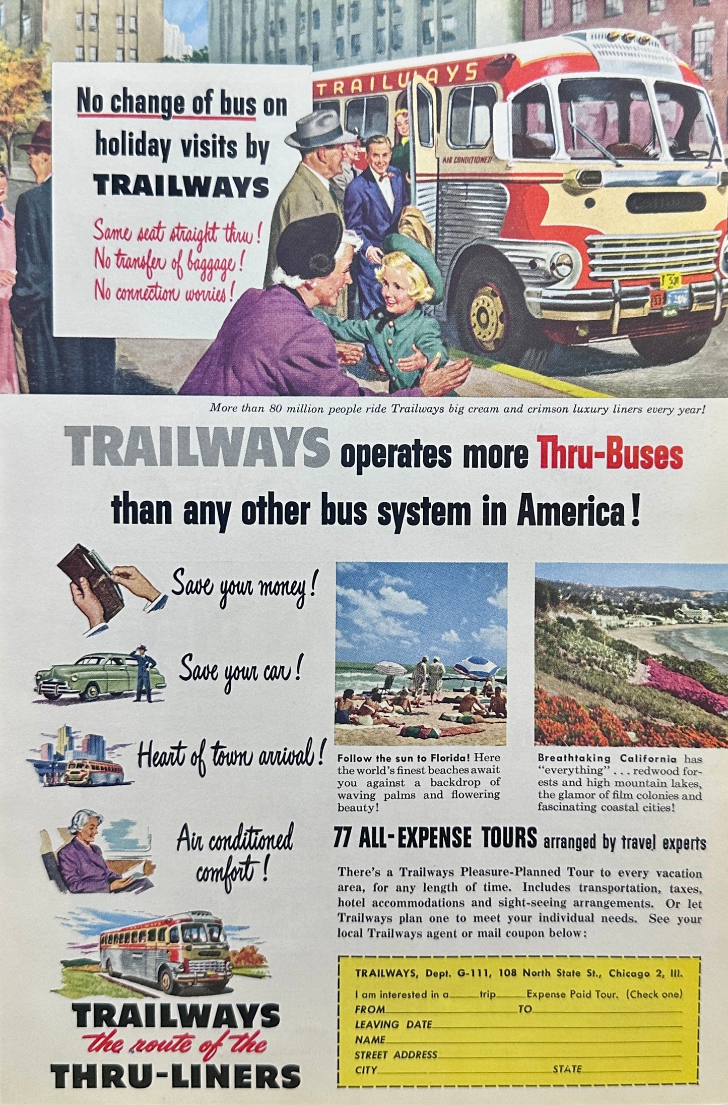 1951 Trailways - 77 All-Expense Tours & Omega Seamaster Wristwatch Ads