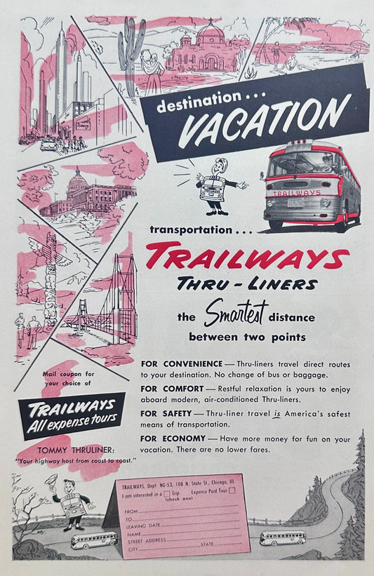 1953 Trailways Bus Line - Thru-liners Vacation Pacakages -  Magazine Ad