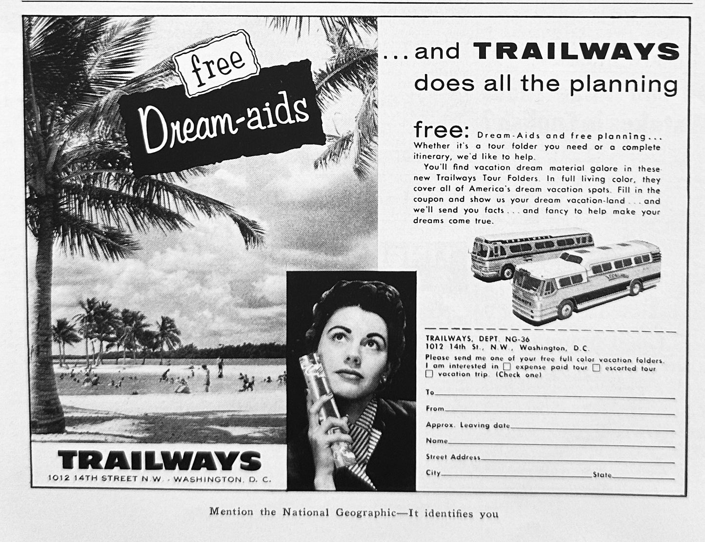 1956 Trailways Vacation Packages - Free Dream-aids - Vintage Ad