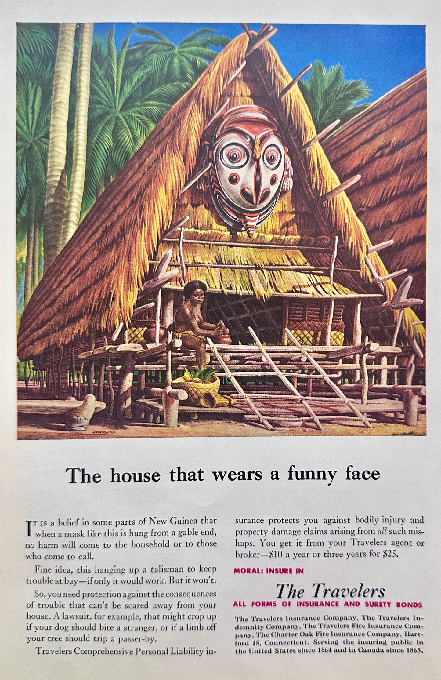 1951 The Travelers Insurance - New Guinea Tribal Hut - Vintage Ad