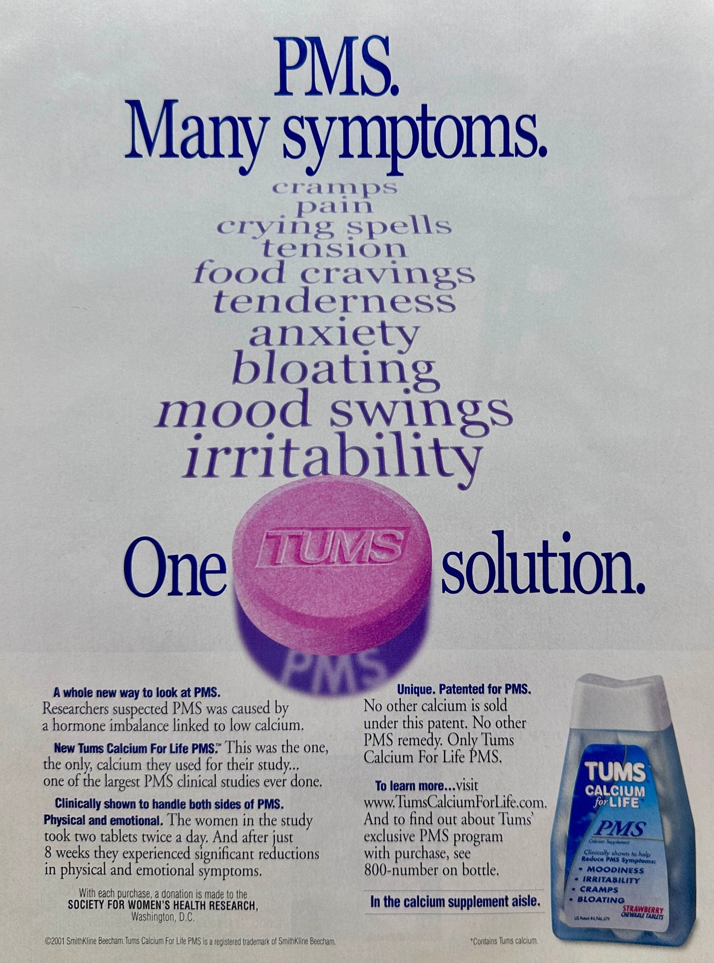 2001 Tums - Calcium for Life - PMS Symptoms Magazine Ad