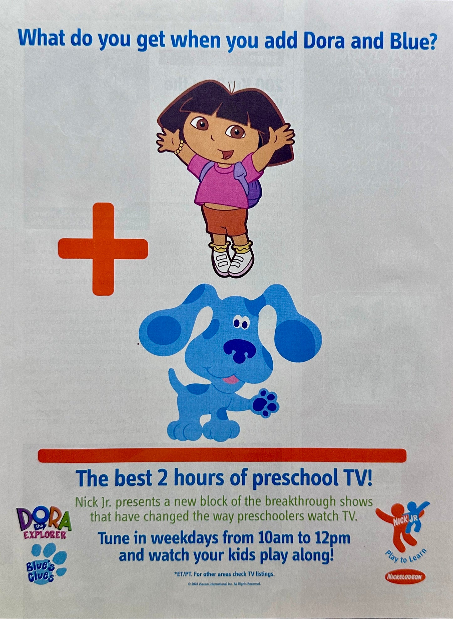 2003 Blue's Clues and Dora the Explorer Nickelodeon & Nick Jr Vintage Ad