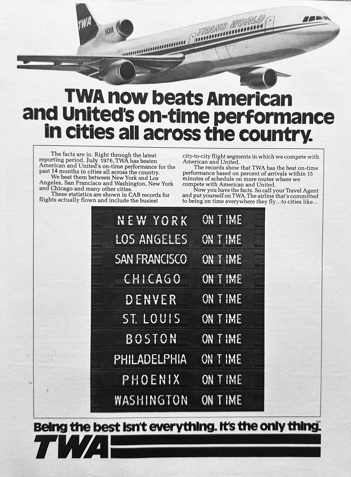 1976 TWA Magazine Ad - Beats American & United for On-Time Performance