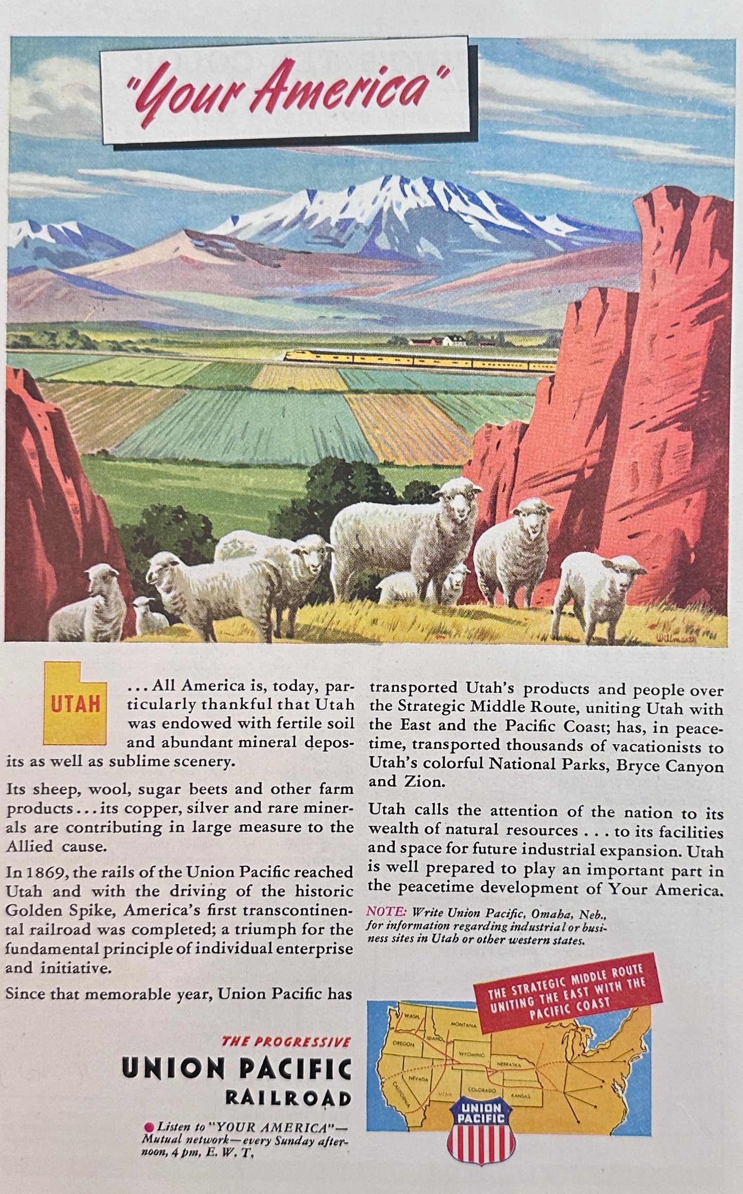 1945 Union Pacific Railroad - Utah little Lambs - Vintage Ad