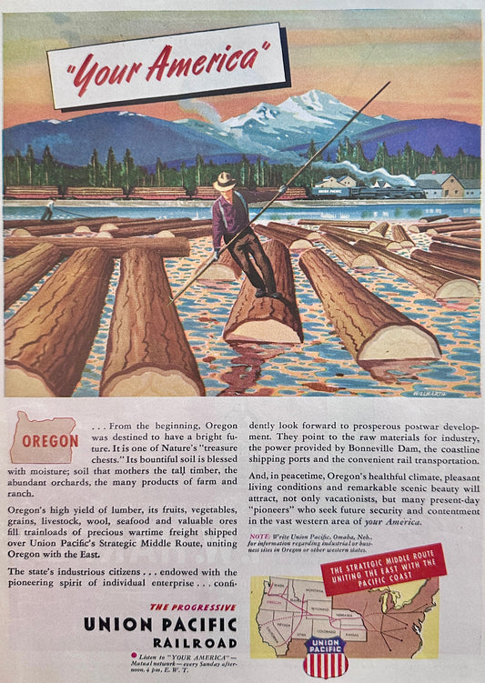 1945 Union Pacific Railroad - Oregon - I.W. Harper Whiskey- Vintage Ad