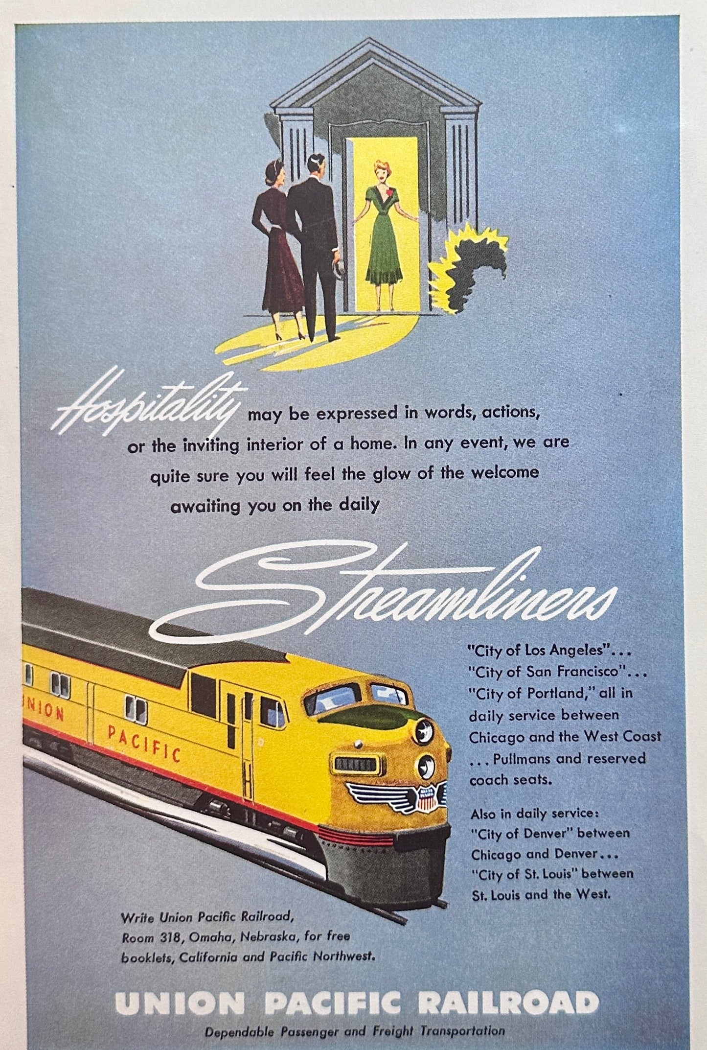 1950 Union Pacific Railroad - Hospitality of the Daily Streamliner Excursions Vintage Ad