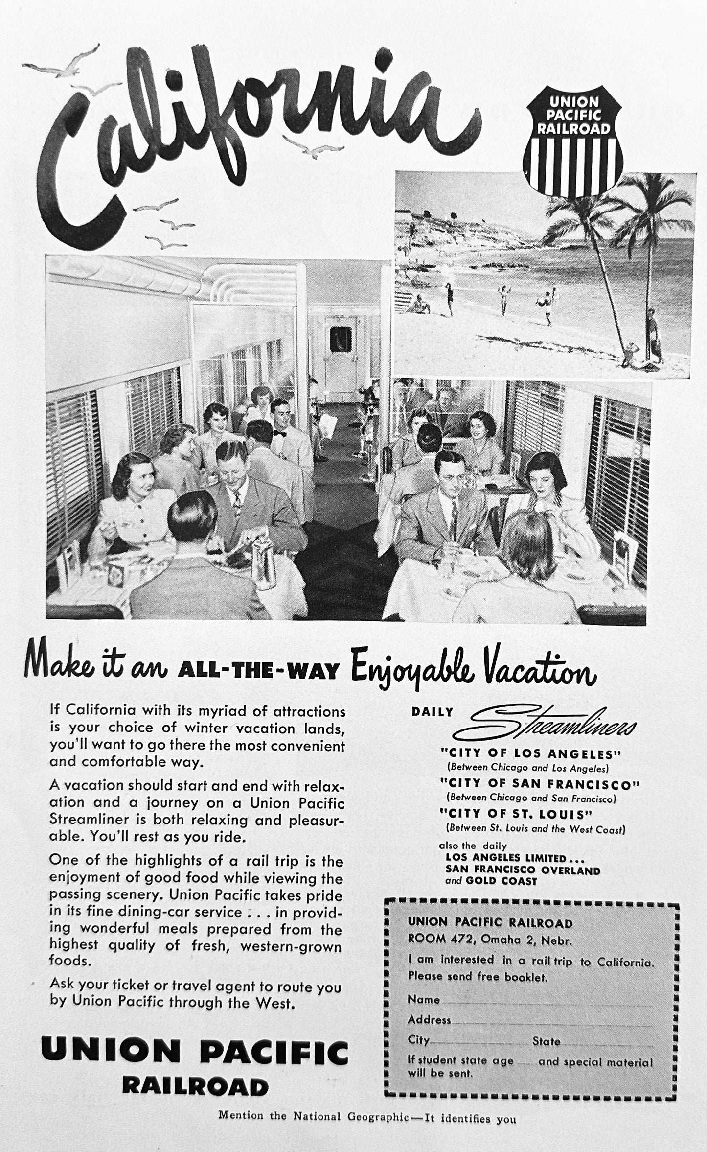 1951 Union Pacific Railroad Excursions to and From California - Vintage Ad