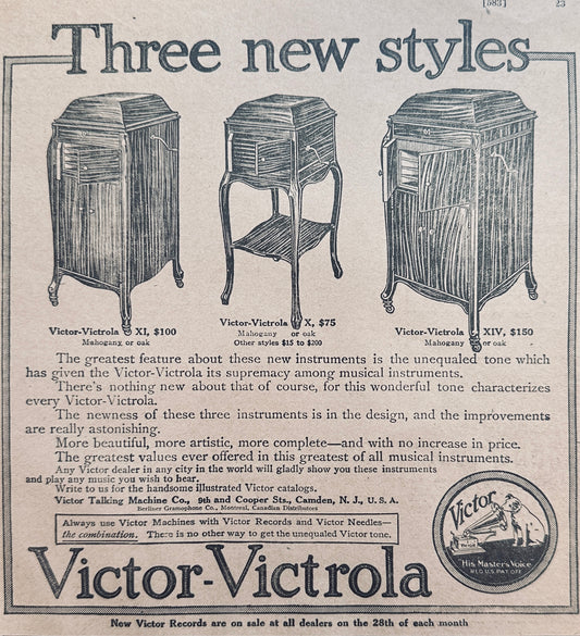1915 Victor-Victrola Three New Styles Magazine Ad N929